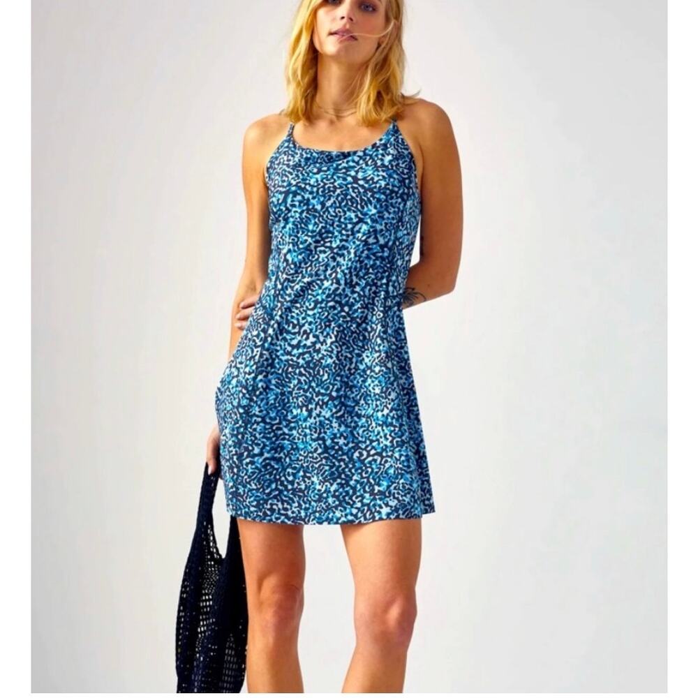 Athleta Infinity Dress Blue Leopard Print Built In Shorts Tennis Size S Workouts